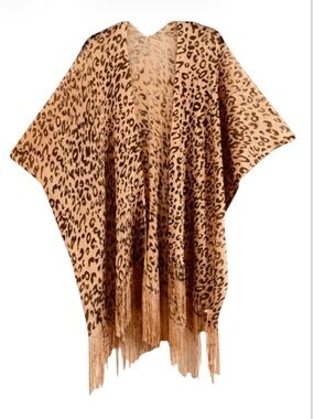 Bon Voyage Leopard Print Gold Shimmer Fringe Kimono Cardigan Wrap NWT OS